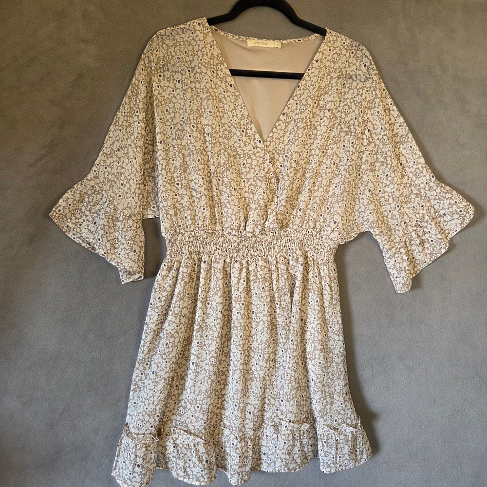 Smocked Waist Ruffle Floral Mini Dress Women Large Boho Cottagecore Dainty